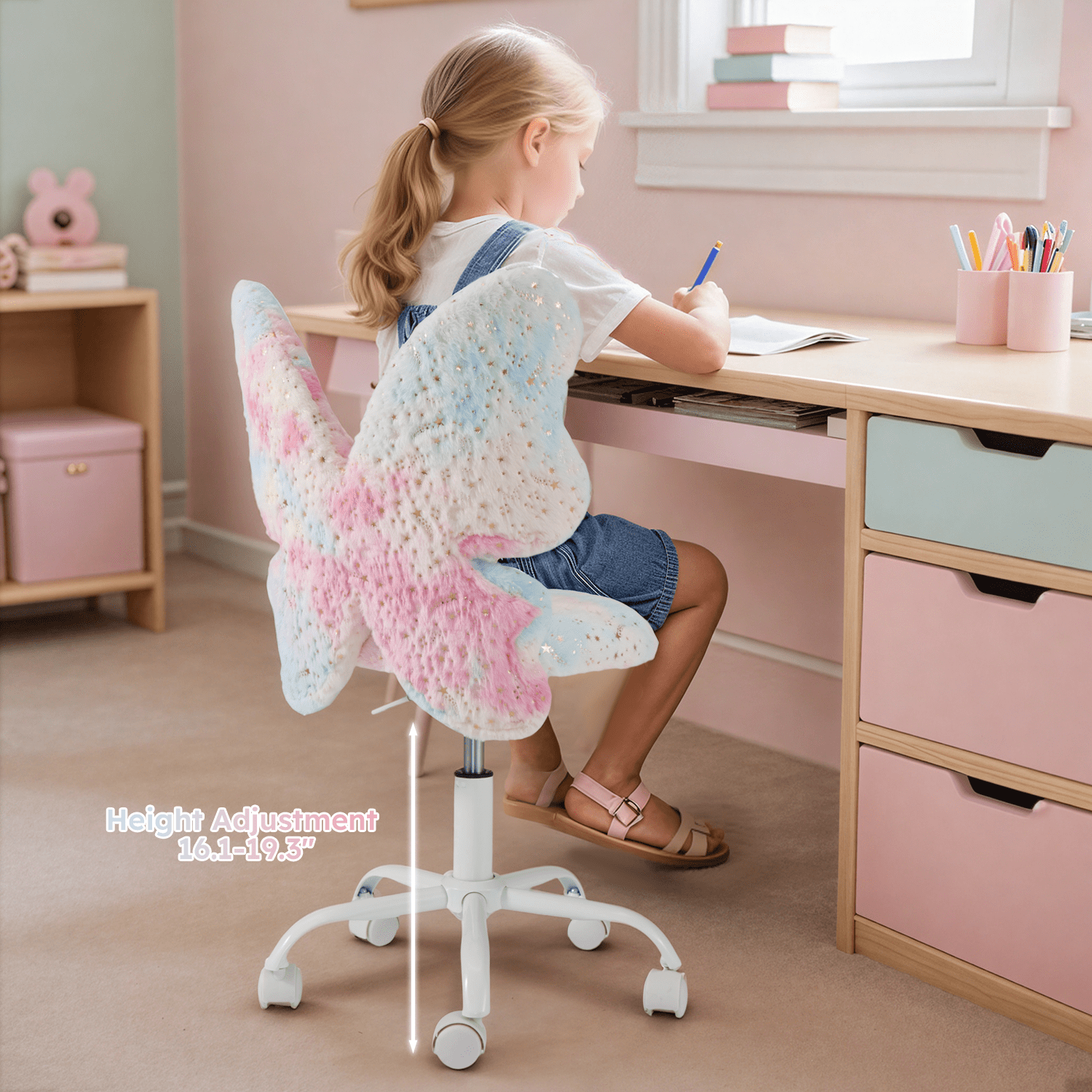 Kids Desk Chair with Butterfly Back, Adorable Fluffy Wheeled Desk Chair for Girls, Faux Fur Adjustable Height Swivel Vanity Chair for Kids Bedrooms and Reading Rooms,Colorful Pink