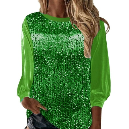 Outfmvch Sequin Tops for Women Corset Tops for Women Sparkly Tops for Women Sequin Tops For Women 2024 Fashion Sparkly V Neck Long Sleeve Shirts Plus Size Blouses Blouses for Women Sparkly Top Green M