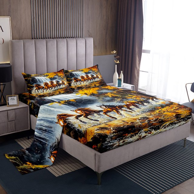 Erosebridal Galloping Horses Full Sheet Sets, Nature Waterfall Tree Bedding Full Size 4pcs