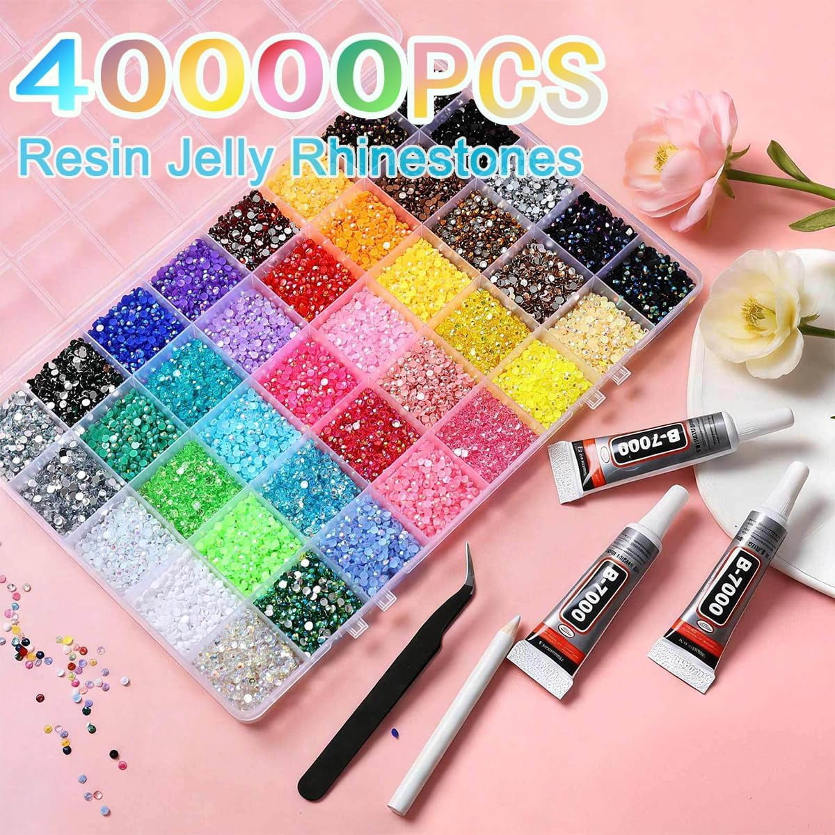 Bedazzler Kit with Rhinestones for Bedazzling, 3mm 40000 Pcs Flatback Gems for Crafting, Bedazzling Kit with 3Pcs B7000 Glue for Clothing Shoes Nail Book Diamond Art Bedazzled Kits