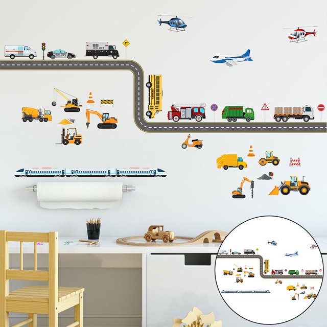 2 piezas de calcomanías de pared de coches de de construcción, calcomanías de pared de vehículos extraíbles para pelar y para guardería, BLESIY Pegatinas de pared calcomanías