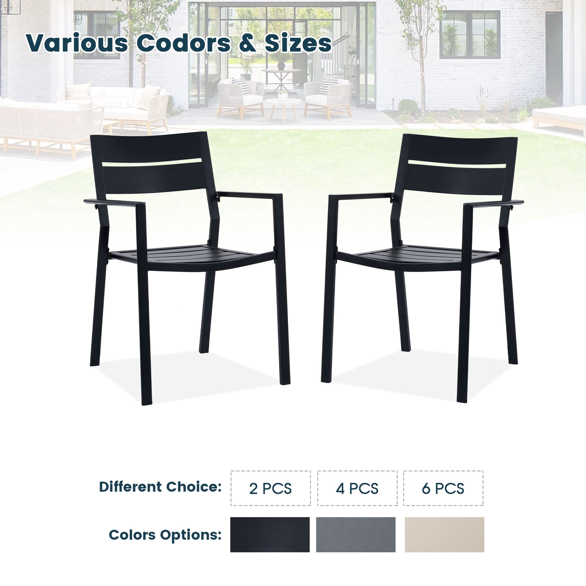 Vicllax Outdoor Patio Dining Chairs Set of 6, Stackable metal chairs with All-Weather Steel Metal Frame for Yard Deck Poolside Porch, Black