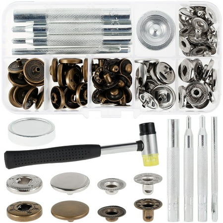 

Morima 87pcs Leather Snaps Fasteners Kit 15mm Metal Button Snaps Press Studs with 4 Installation Tools 1 Hammer 2 Color Silver