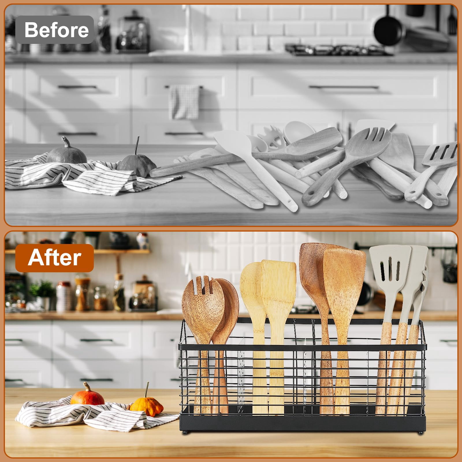 Samhe Utensil Holder for Kitchen Counter, Wall-Mounted Cooking Utensil Organizer with 4 Compartments for Spoons, Forks, Knives