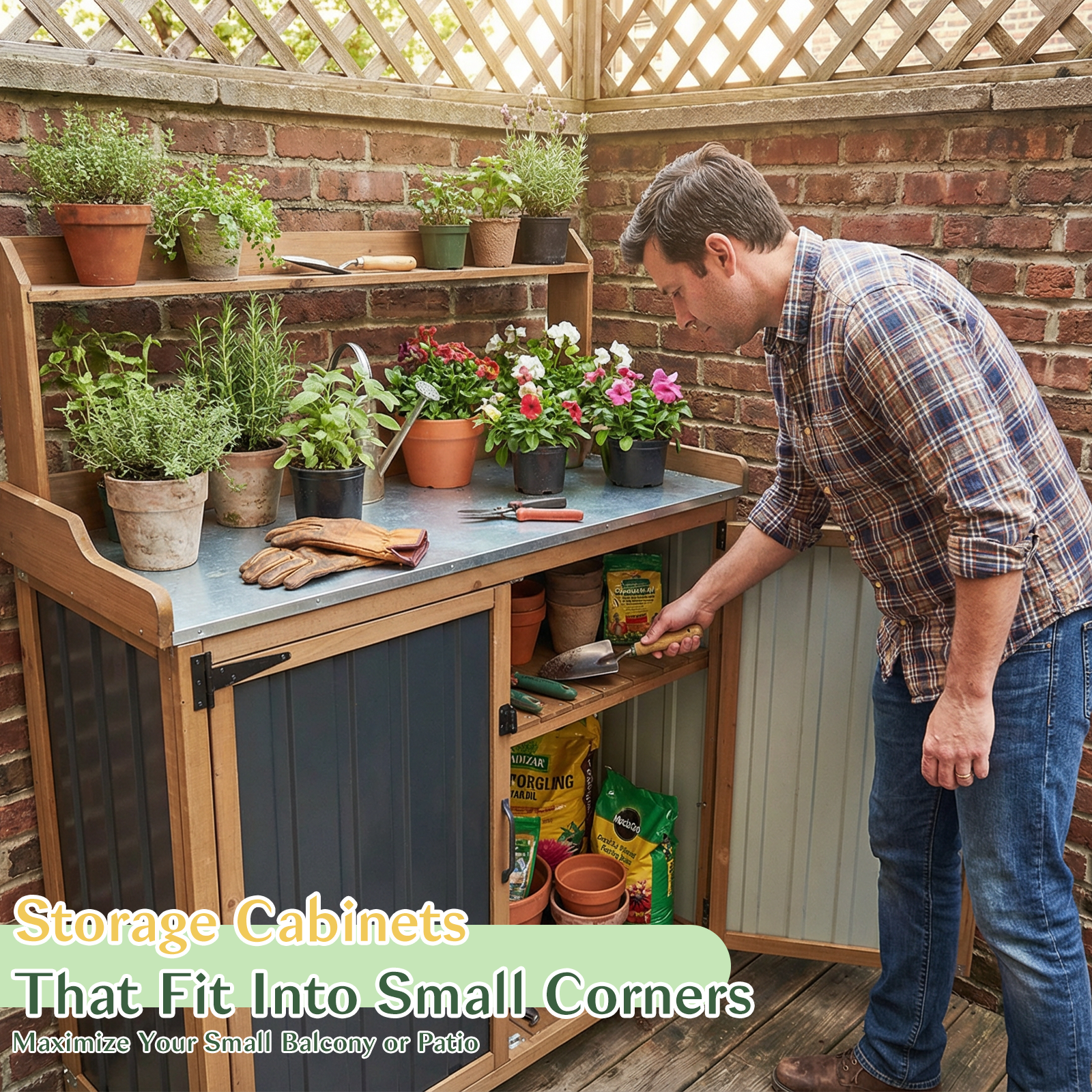 2-in-1 Outdoor Storage Cabinet & Potting Bench, Heavy Duty Metal Top Utility Station for Garden Tools, Easy Assembly
