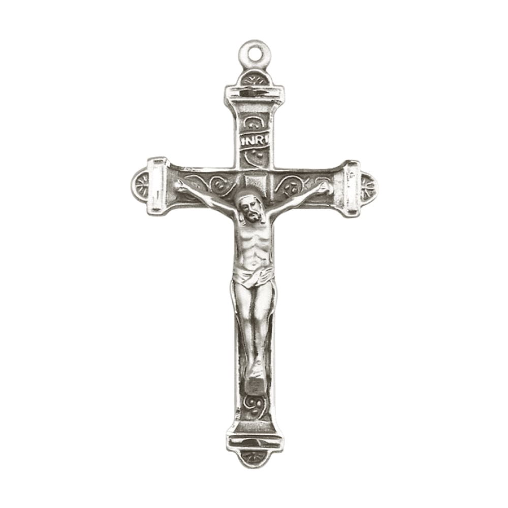 .925 Sterling Silver Crucifix Medal Pendant on 18 Inch Rhodium Plated Lite Curb Brass Chain -Catholic Religious Necklace Made in USA,Deluxe Velvet Gift Box