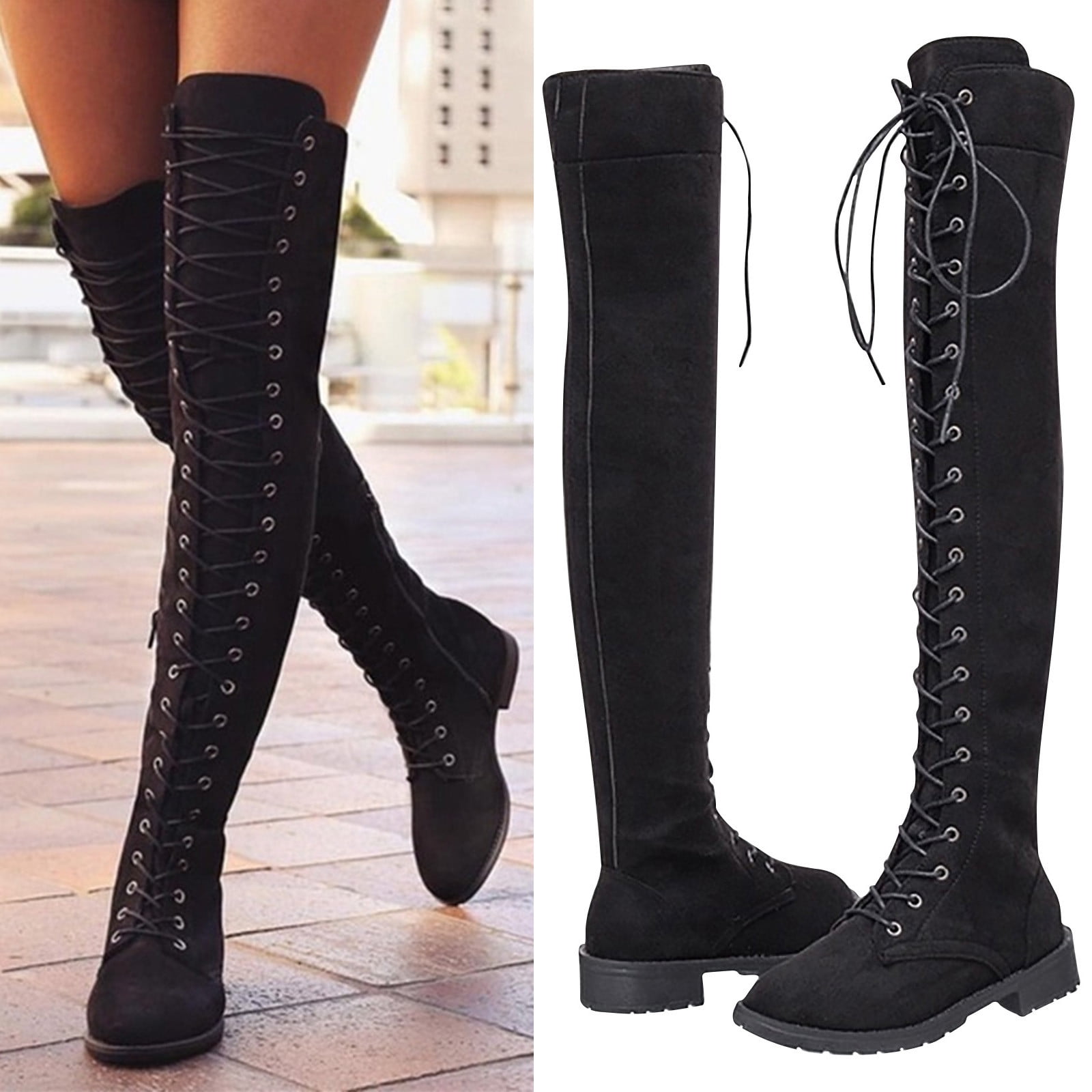 Womens Over The Knee High Boots Winter Flat Wide Leg Stretch Zip Low Heel Shoes 