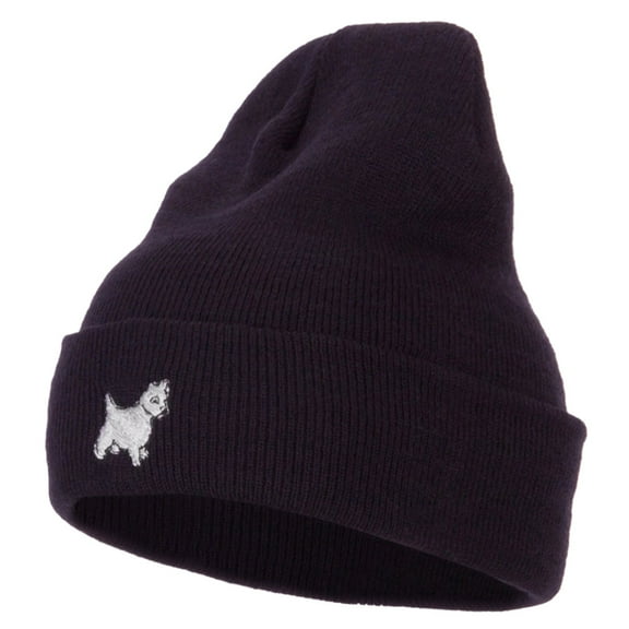 White Terrier Embroidered Long Beanie - Navy OSFM