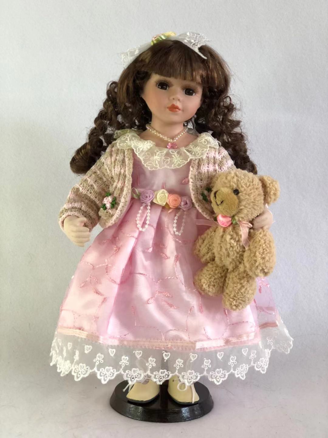 Jmisa 14" Porcelain Doll Pink Dress with Bear… - image 1 of 2
