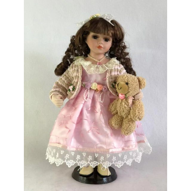 Jmisa 14" Porcelain Doll Pink Dress with Bear…