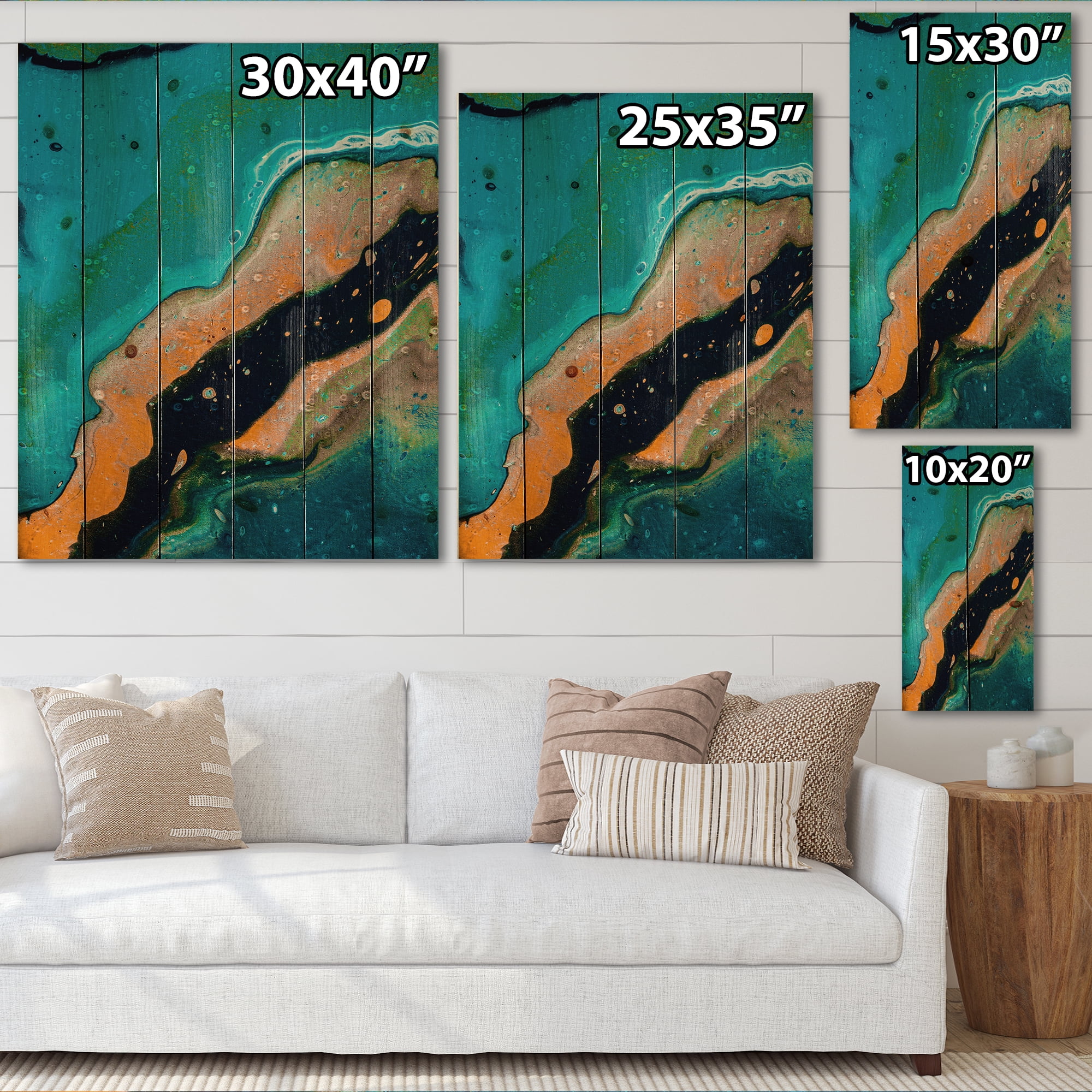 Designart 'Abstract Marble Composition In Orange and Blue II' Modern Print on Natural Pine Wood