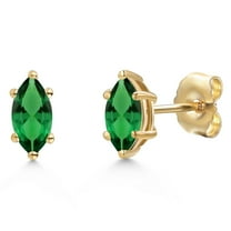 Gem Stone King 14K Yellow Gold Green Nano Emerald Doble Notch Stud Earrings for Women Men | 0.40 Cttw | Gemstone May Birthstone | Marquise 6X3MM