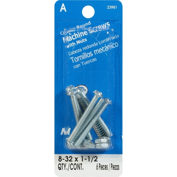 #8-32 x 1-1/2" Zinc Plated Steel Coarse Thread Combo Round Head Machine Screws