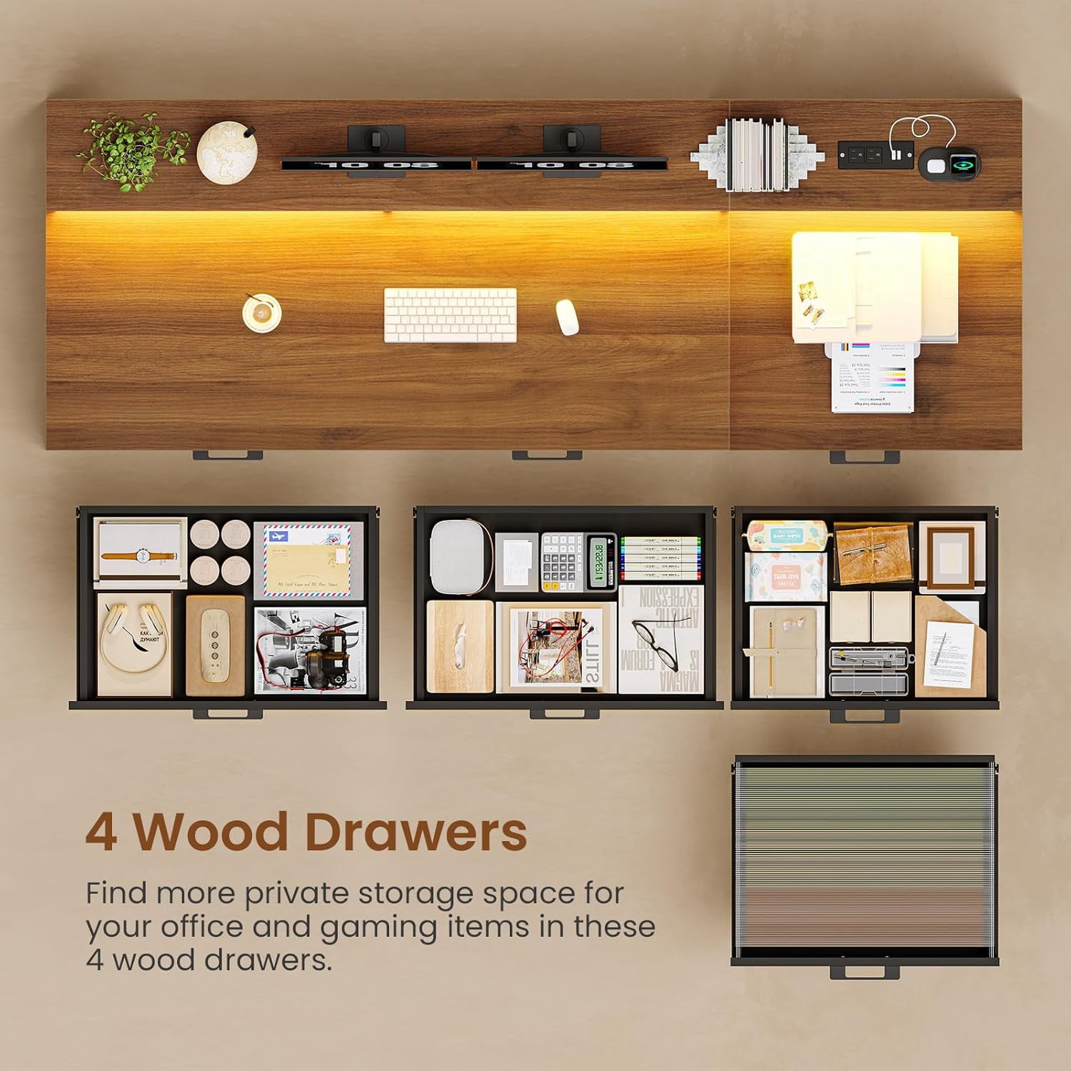 Farmhouse Desk with Power Outlets, 55" Computer Desk with Drawers & Monitor Stand, Corner Desk with Printer Stand & LED Lights, Black Desk Writing Desk Study Table for Small Space