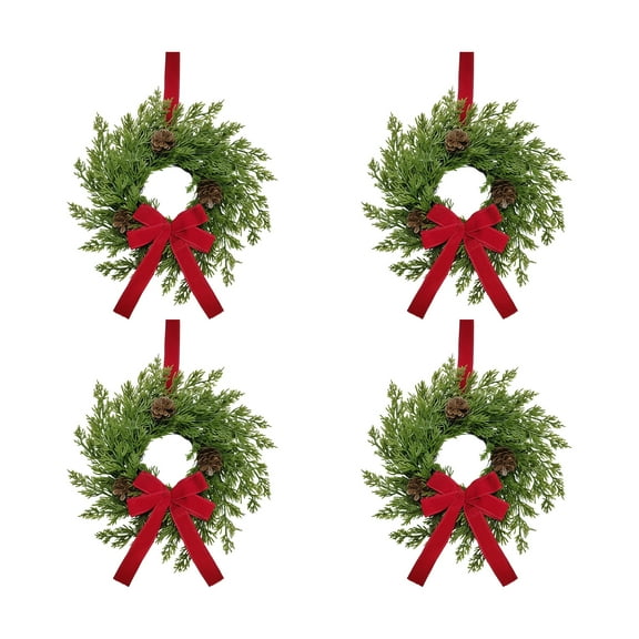 12" Small Christmas Norfolk Wreath with Ribbon Bow & Red Berries, 4Pcs Mini Cedar Holiday Wreath for Cabinets, Front Door, Windows, Chairs, Fireplace, Table Pillars, Farmhouse Indoor Winter Décor