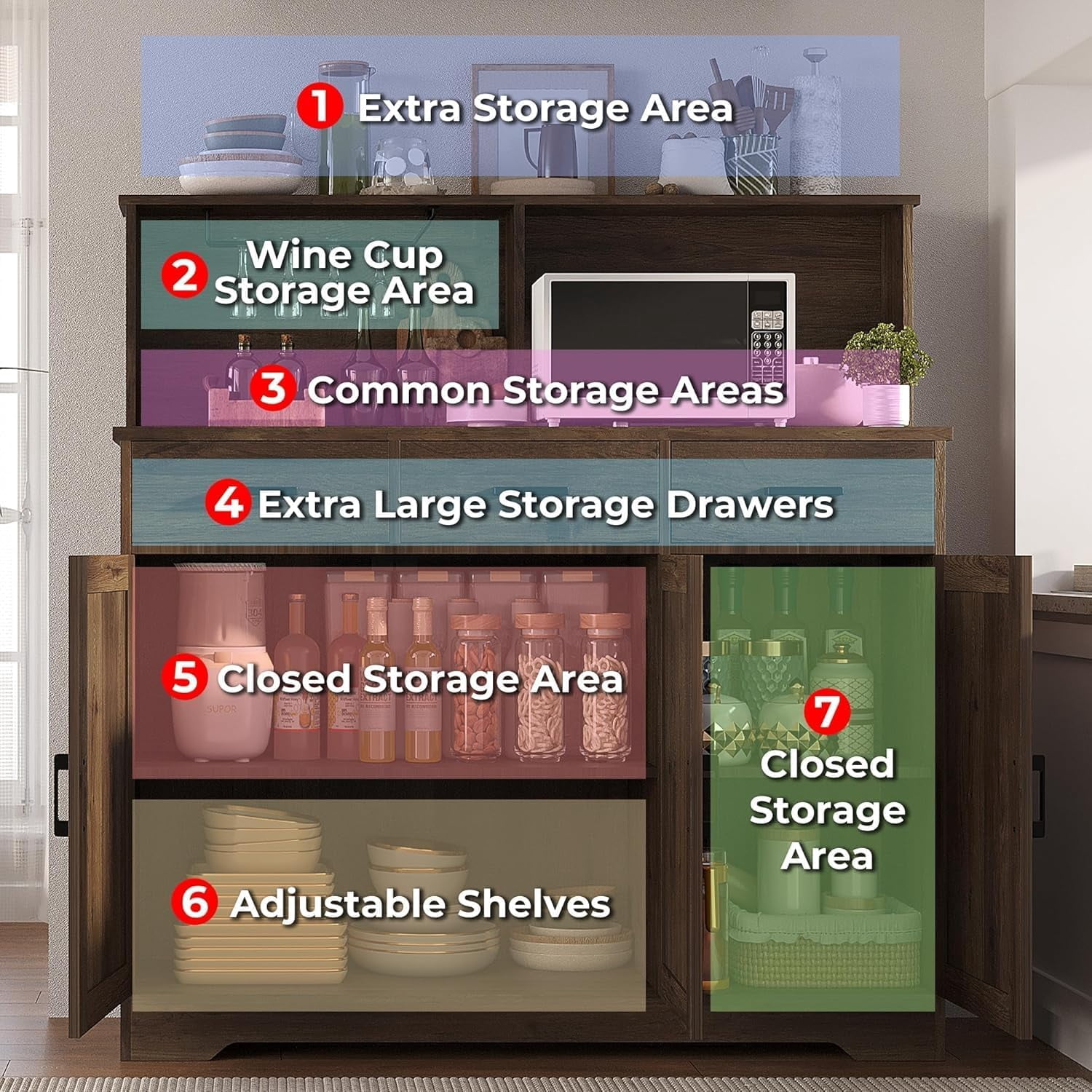 Huisuilinss Kitchen Pantry Storage Cabinet,Farmhouse Kitchen Cabinet,Food Pantry Cabinet with Microwave Stand,Barn Doors Kitchen Hutch with 3 Drawer and Shelves for Dining Room