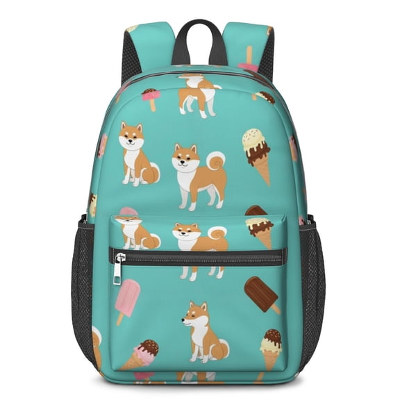 Shiba Inu and Ice Cream Blue Pattern 17" School Backpacks for Teens,Waterproof Oxford Fabric,S-Shape Padded Straps for School,Travel,Hiking,Camping