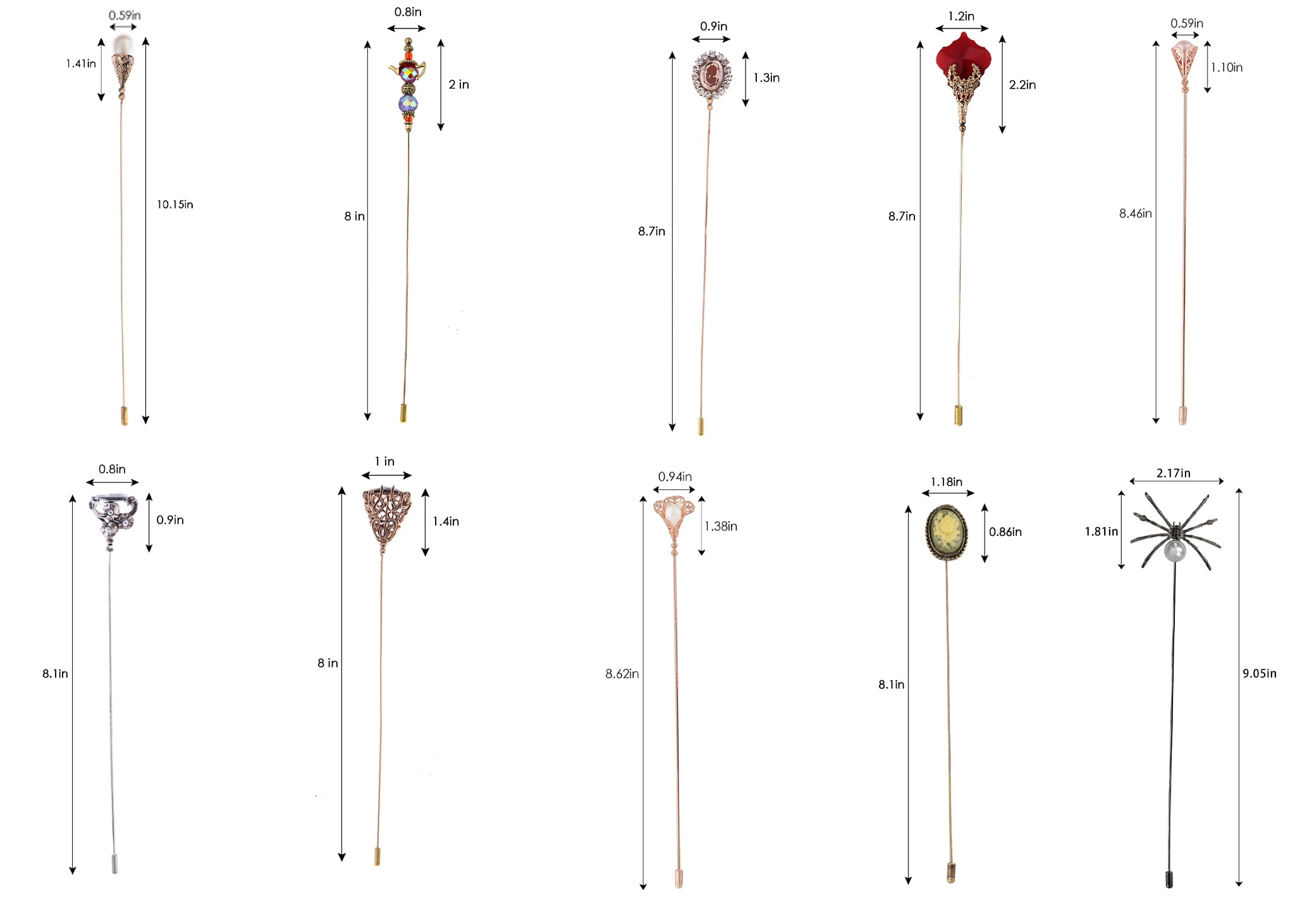 10Pcs Vintage Hat Pin Classic Long Needle Lapel Pins Brooches Suit Tie Hat Scarf Set Jewelry Accessories