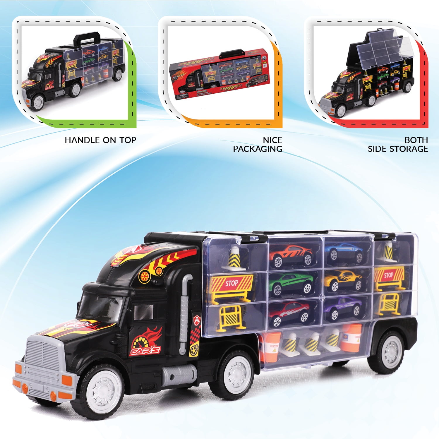 ToyVelt Transport Carrier Truck Toy for Boys Inside 1 Includes 6 Cars & Many Highway Accessories and 28, Additional Slots can be Used to Store hot Wheels, Matchbox Cars