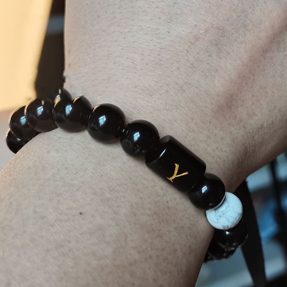 Mens Bracelet Natural Black Agate 10mm Beads Handmade Initial Letter Bracelet Personalized Jewelry Gift for Men and