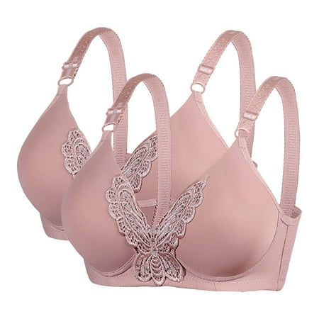 WREESH Women s 2 Pack Push Up Bra No Underwire Full Support Bras Wireless Comfort Everyday Bras Embroidered Plunge Bra Underwear Pink