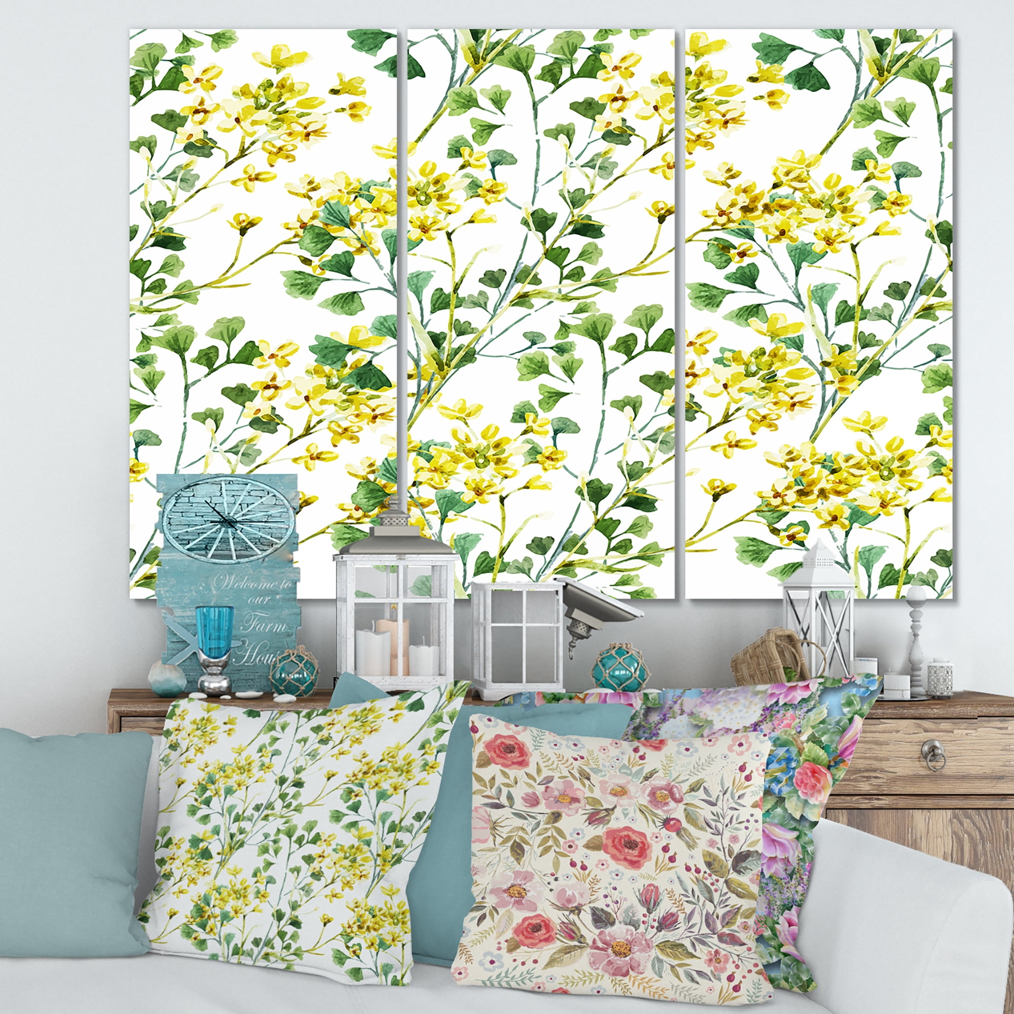 Designart ' Vibrant Yellow Summer Wildflowers On White ' Traditional Canvas Wall Art Print