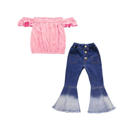 

Toddler Outfits Sets For Teens Children Wear Girl Gradient Bell Bottoms Denim Jeans High Waist Splicing Buttons Pants For Girl Kids Clothes Suit