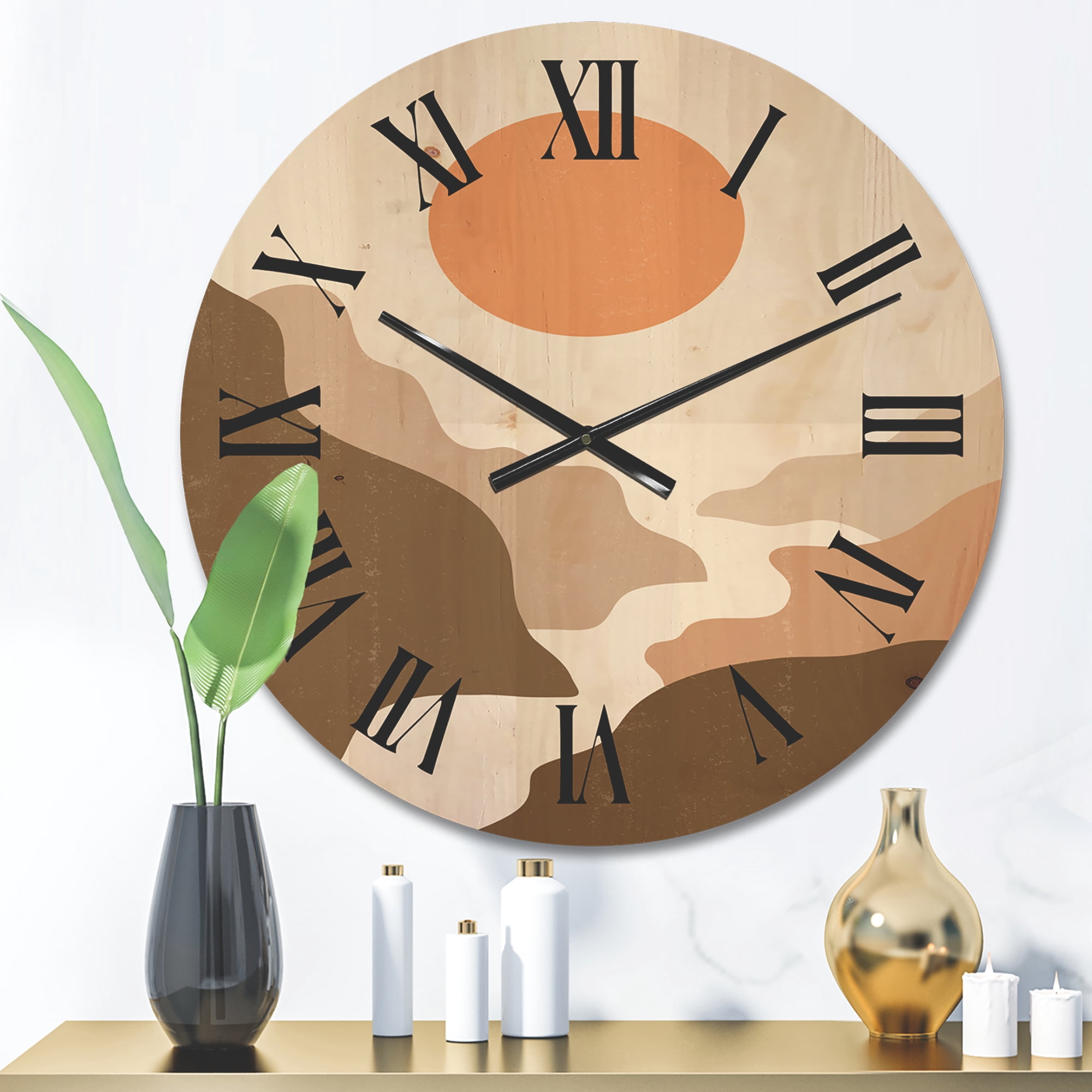 Designart 'Full Moon In Terracotta Tones Mountains' Modern Wood Wall Clock