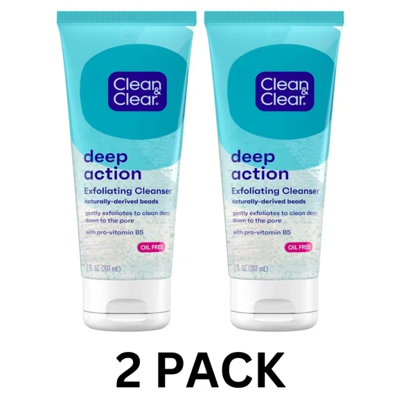 Clean & Clear Deep Action Exfoliating Facial Wash, Oil-Free, 5 fl oz, Pack of 2