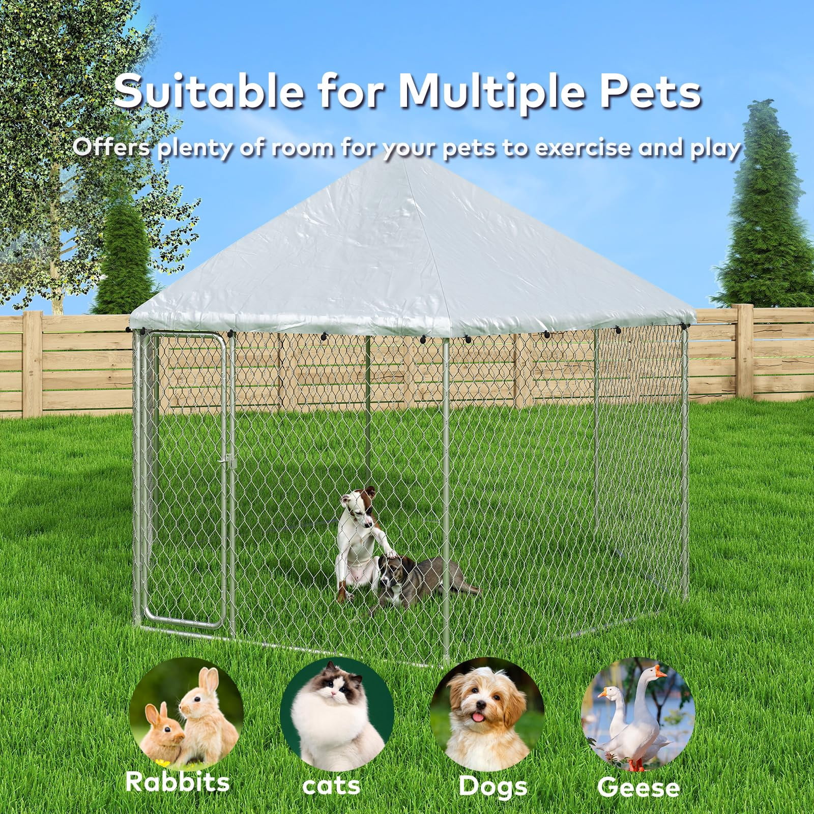 TIME RAY 6.8x6.8 ft Outdoor Dog Kennel,Dog Kennel Outdoor with Waterproof Cover and Security Lock, Galvanized Hexagonal Dog Cage for Large Dogs