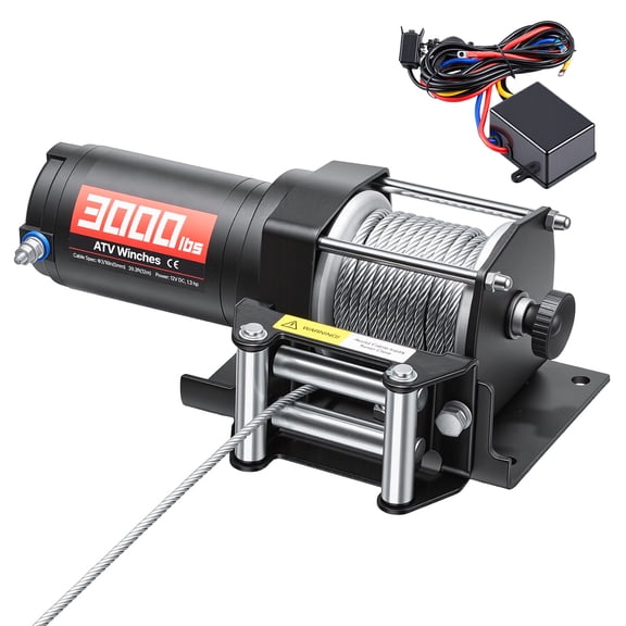 KFFKFF 3000 lbs Electric Winch, 12V DC ATV/UTV Winch with Φ3/16 in x 39.4 ft Steel Cable & Wired Remote Control, IP55 Water-Resistant, Aluminum Housing Fairlead Mount Plate for ATV Towing, Black
