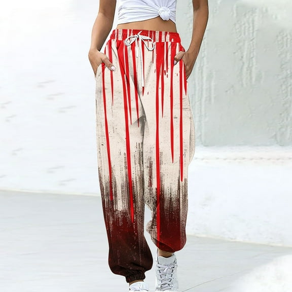 WXLWZYWL Halloween Sweatpants for Women Scary Bloody Splash Print Fleece Lined Bottoms Gym Workout Pants Halloween 2024 Fall Jogger Pants