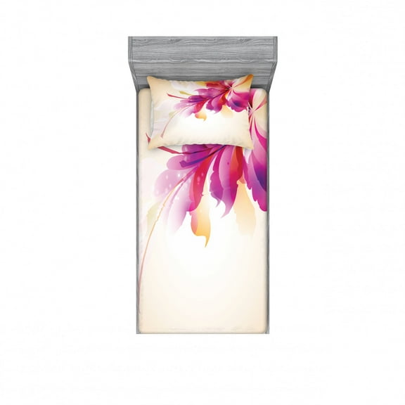 Ambesonne Abstract Fitted Sheet & Pillow Sham Set, Floral Point and Leaf, Twinxl, Purple Pink and Beige