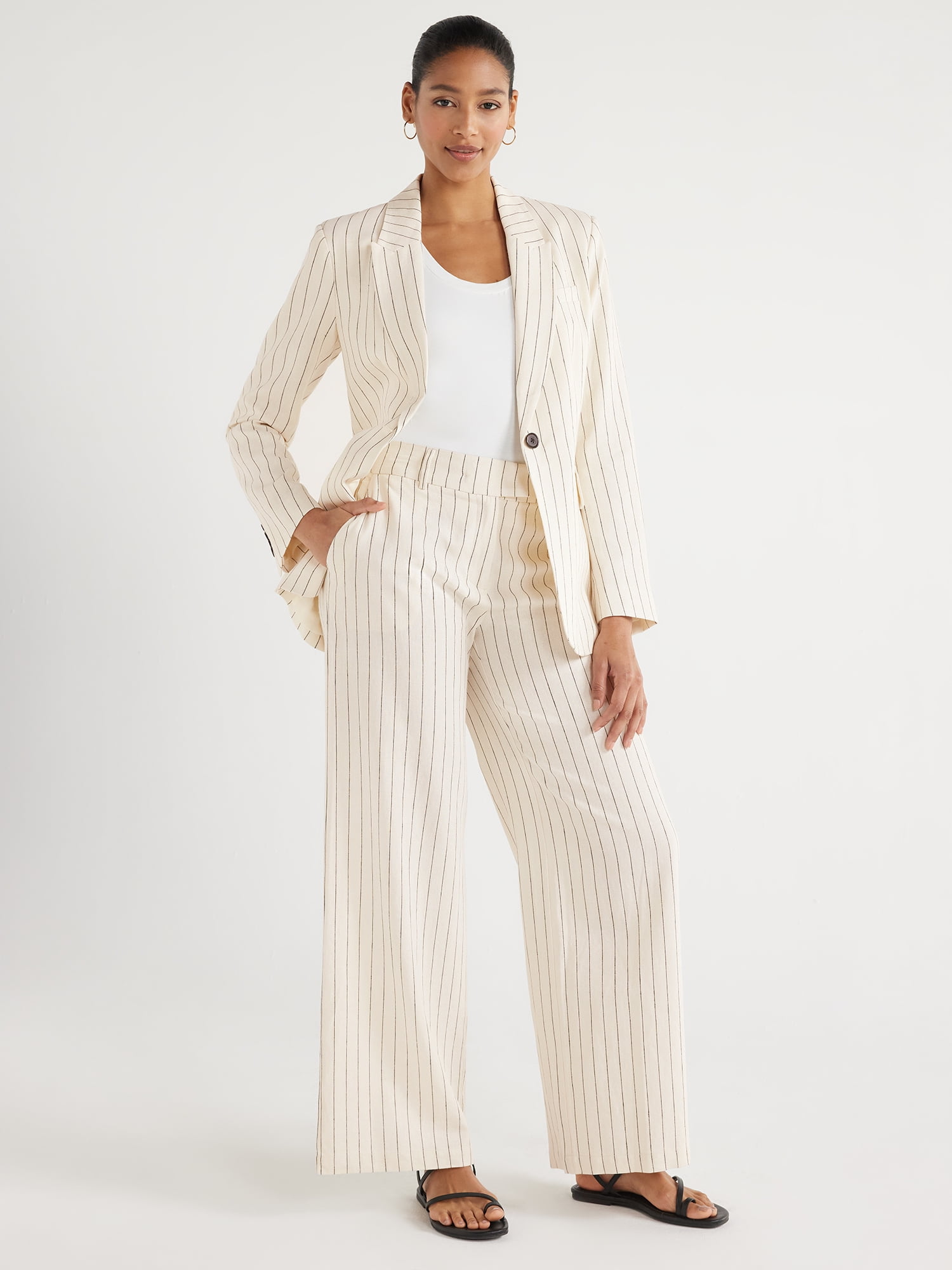 Scoop Women's and Women's Plus One Button Linen Blend Blazer, Sizes XS-4X