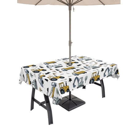 52x70 Inch Outdoor Tablecloth with Umbrella Hole Zipper Rectangle Cartoon Truck Rectangular Tablecloths Outside Waterproof Yellow Grey Car Excavator Tractor Trees Patio Table Cloth Cover for Picnic