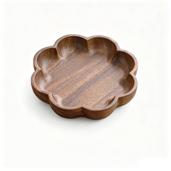 Decorative Scalloped Wood Round Ottoman Tray, 5.9 Inch Diameter, Brown, Wooden Circular Serving Tray with Handles as Tray for Ottoman Coffee Table(B)