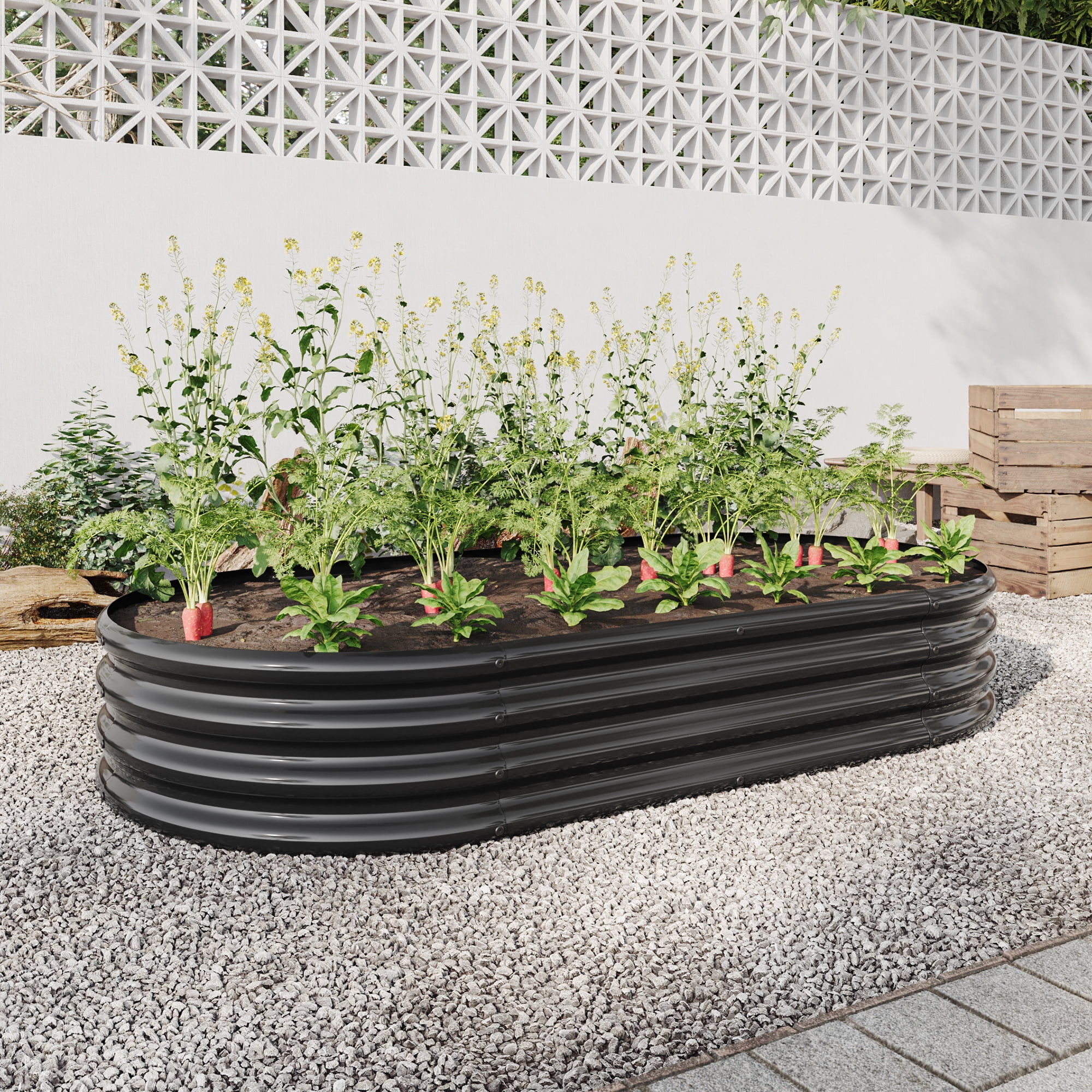Raised Garden Bed Outdoor, Oval Large Metal Raised Planter Bed for for Plants, Vegetables, Flowers - Black