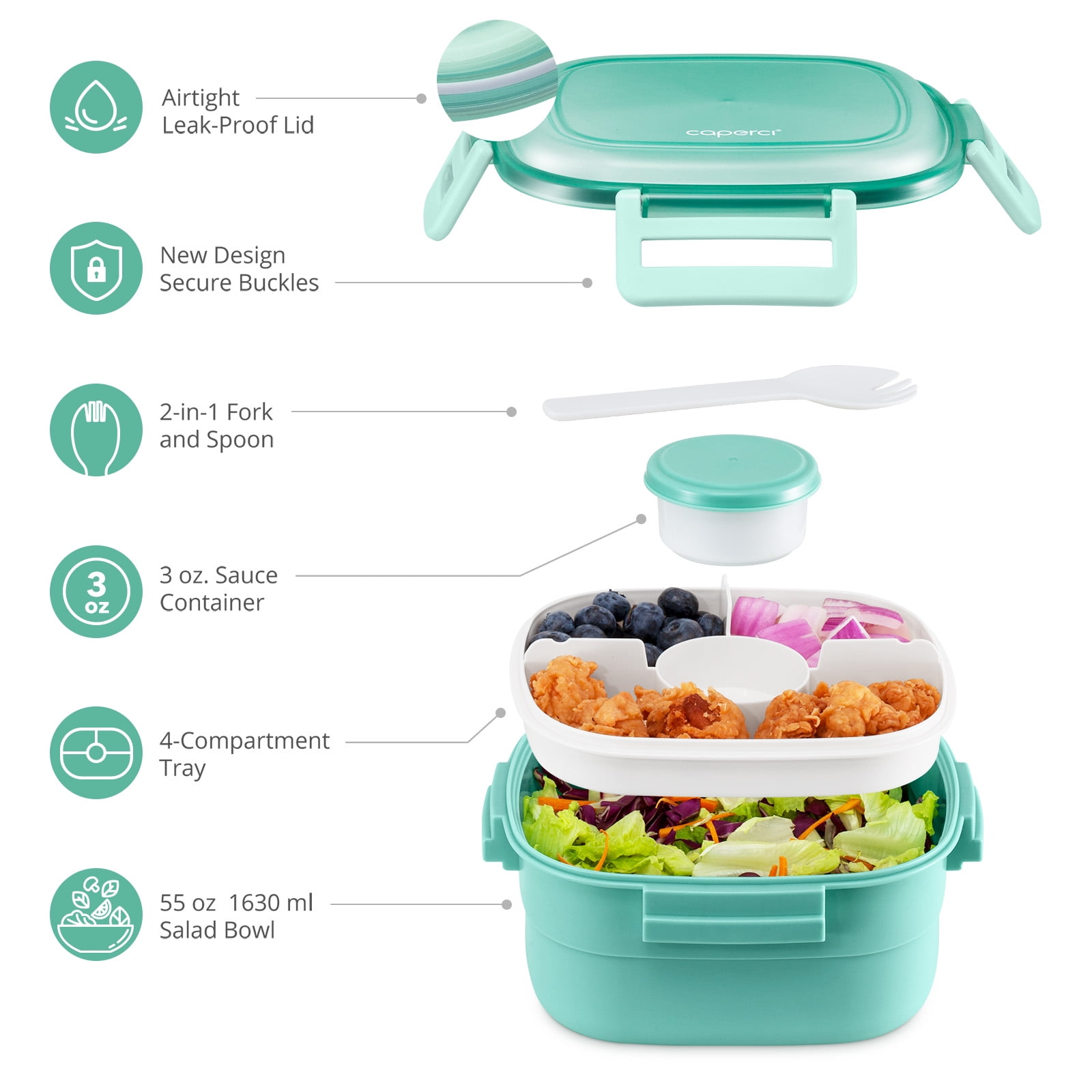 Caperci Large 68-oz Leakproof Salad Container for Lunch, Bento Lunch Box,  5-Compartment Tray for Toppings, 2pcs 3-oz Sauce Container for Dressings,  BPA-Free (Purple) 