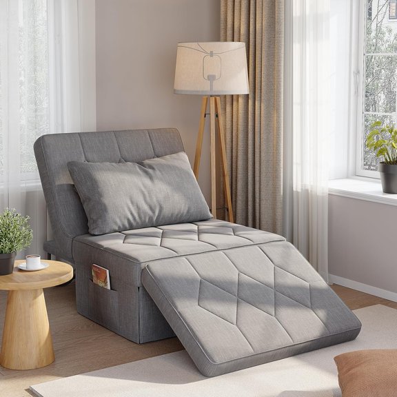 SOBREMESA 74" 5-Position Adjustable Futon Sofa Bed with Ottoman, Convertible for Compact Living Spaces, Light Gray