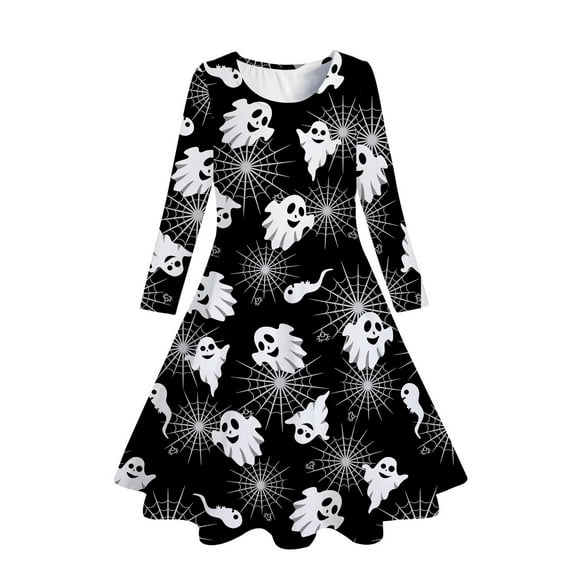 TIWEKE Robes pour Filles Imprimé Halloween Robe Décontractée pour Enfants Vêtements de Jeu Confortables pour Tenues Quotidiennes Printemps Été Automne Mode, Taille 10-13 Ans
