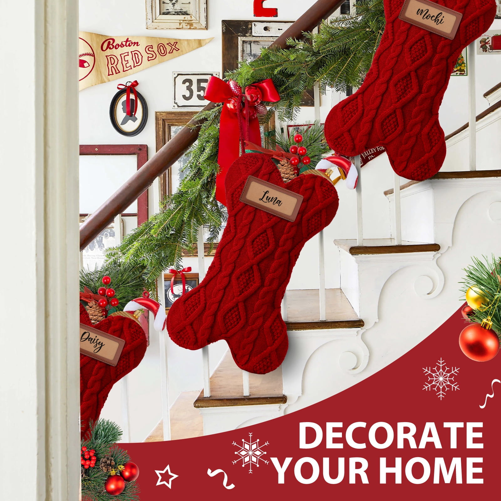 Ayieyill 18 Inch Dog Christmas Stocking, Bone Shape Stocking Christmas for Dog, Large Pet Stockings Hanging Christmas Decorations (Red)