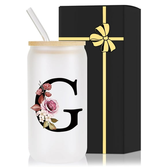 Vaso para Beber de Vidrio Wulcea Monogramado 480 mL con Tapa y Popote