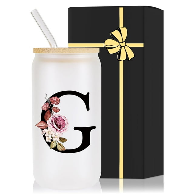 Vaso para Beber de Vidrio Wulcea Monogramado 480 mL con Tapa y Popote