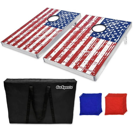 GoSports Foldable Cornhole Boards Bean Bag Toss Game Set, Superior Aluminum Frame, American Flag Design with 8 Bean Bags and Portable Carry Case
