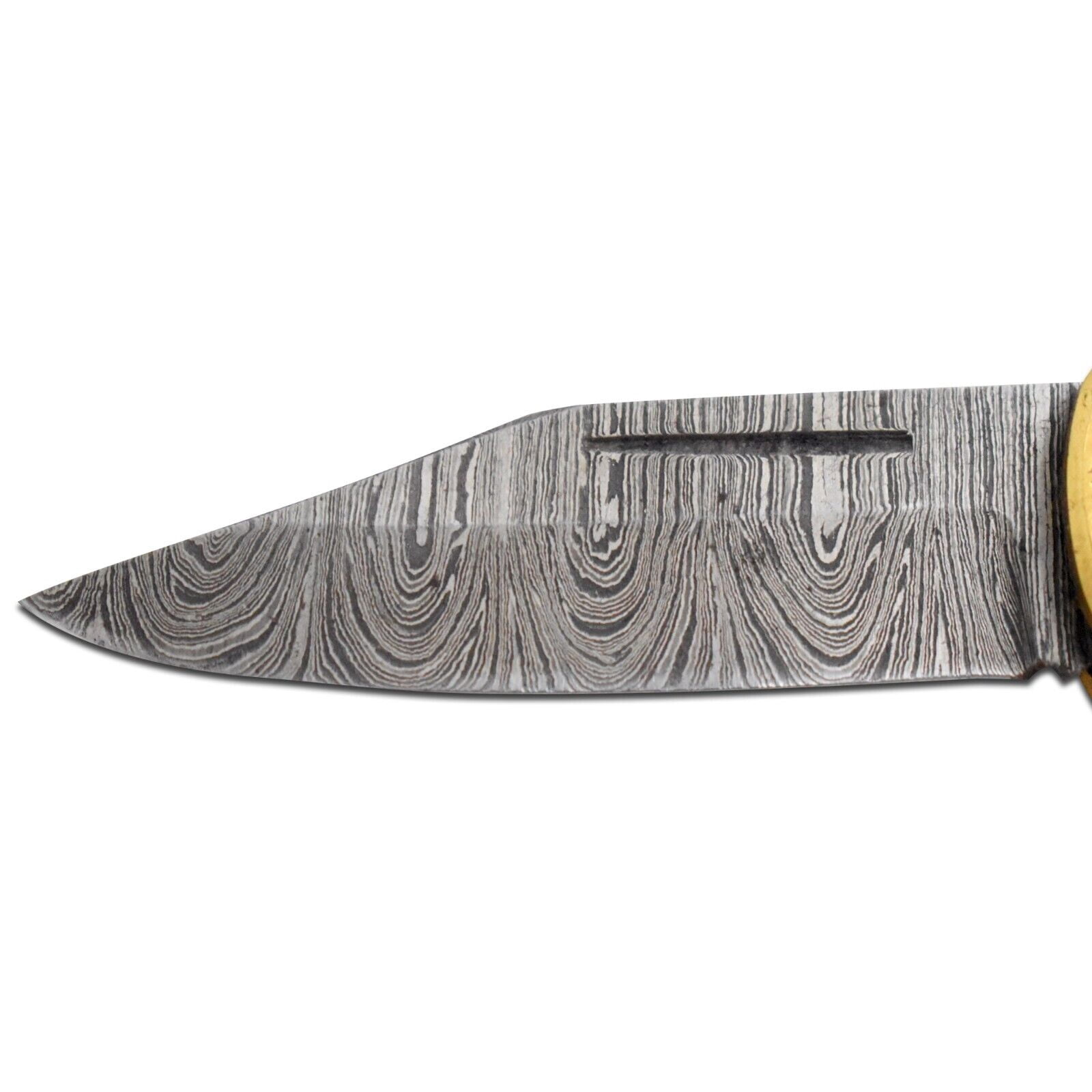 Wild Turkey Handmade Damascus Steel Collection Engraved Brass Folding Knife