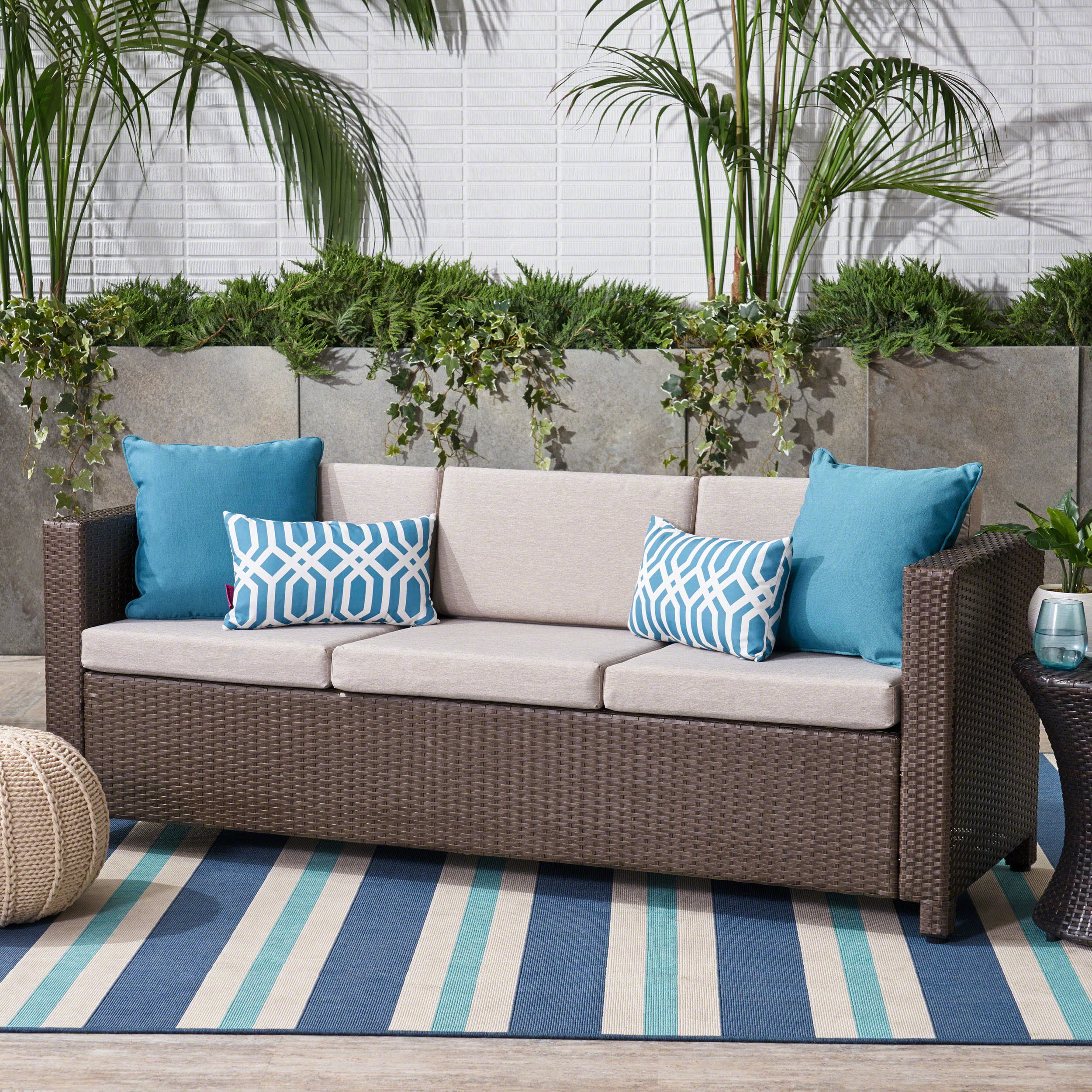 Palmetto Outdoor Wicker 3 Seater Sofa with Cushions,Grey,Brown