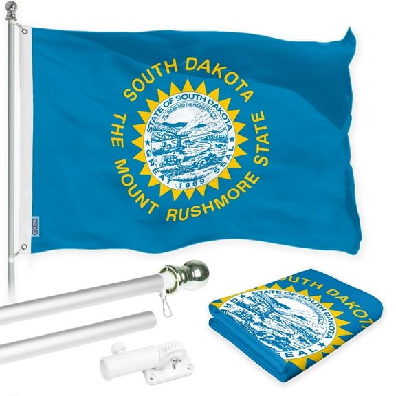 G128 Combo Pack: 6 Ft Tangle Free Spinning Flagpole (Silver) & South Dakota Flag 3x5 Ft Printed 150D Polyester, Brass Grommets (Flag Included) Aluminum Flag Pole