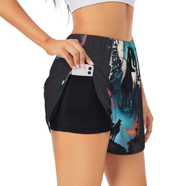 Balery Artistic Moon Valley Wolf Pantalones cortos deportivos para mujer con forro y dos bolsillos, elásticos, para entrenamiento, gimnasio, yoga-XX-Large