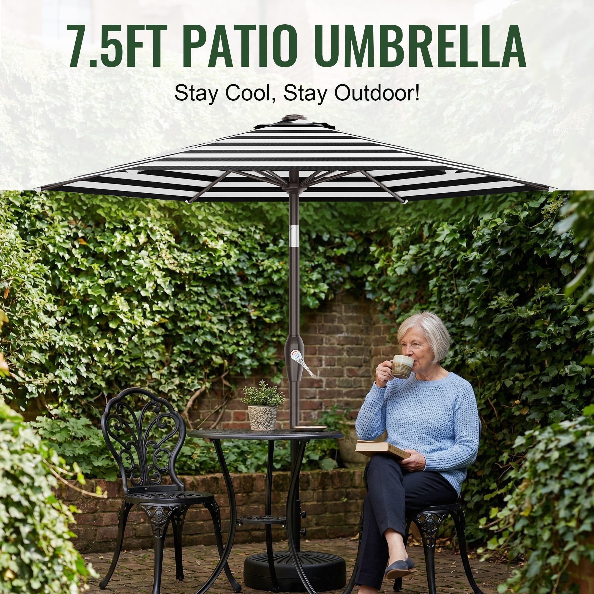 Easthome 7.5' Patio Umbrella Outdoor Table Market Umbrella with Smooth Crank handle, 6 Ribs, Backyard, Poolside, Garden - Black and white stripes