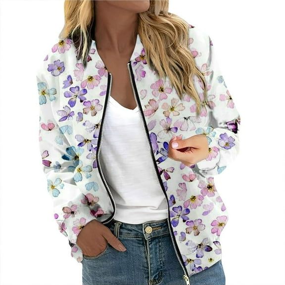 Light Weight Jacket Womens Loose Floral Print Windbreaker Long Sleeve Zipper Casual Bomber Fall Jacket